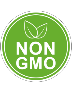Non GMO sticker, groen wit, rond, tekst non gmo