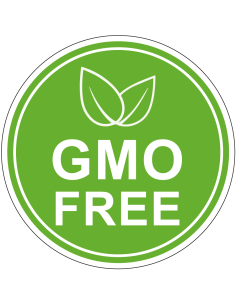 GMO free bord, kunststof, groen wit, rond, tekst gmo free en symbool blad