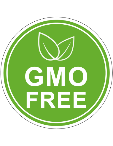 GMO free bord, kunststof, groen wit, rond, tekst gmo free en symbool blad