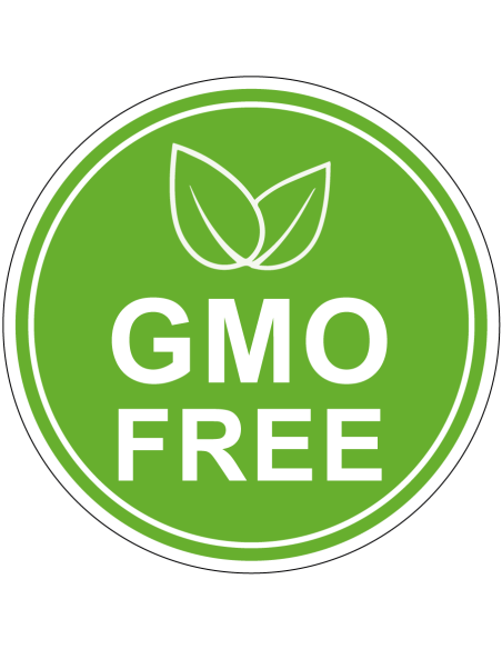 GMO free bord, kunststof, groen wit, rond, tekst gmo free en symbool blad
