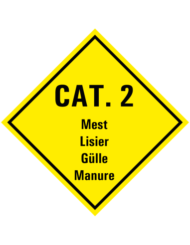 Categorie 2 mest sticker met tekst, vierkant, geel zwart, met tekst Cat. 2, 4 talen