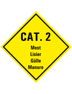 Categorie 2 mest bord met tekst, vierkant, geel zwart, met tekst Cat. 2, 4 talen