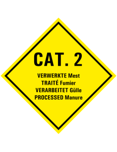 Categorie 2 verwerkte mest bord met tekst, kunststof, Cat. 2, 4 talen