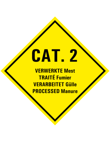 Categorie 2 verwerkte mest bord met tekst, kunststof, Cat. 2, 4 talen