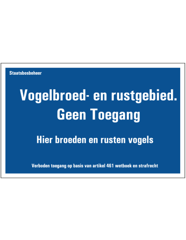 Vogelbroed- en rustseizoen geen toegang stickerblauw wit, rechthoek, Nederlandse tekst