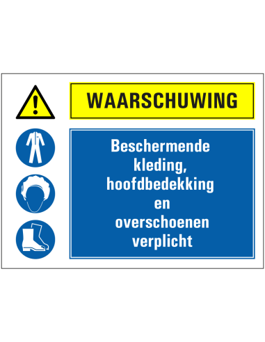 Beschermende kleding, haarnetje en overschoenen verplicht sticker, blauw geel, rechthoekig