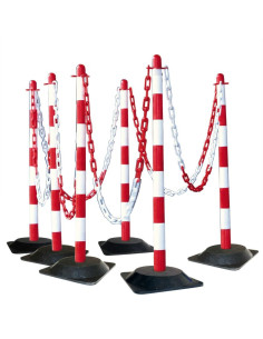 Afzetpalen met ketting en rubberen voet, rood wit, 6 stuks