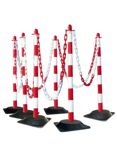 Afzetpalen met ketting en rubberen voet, rood wit, 6 stuks
