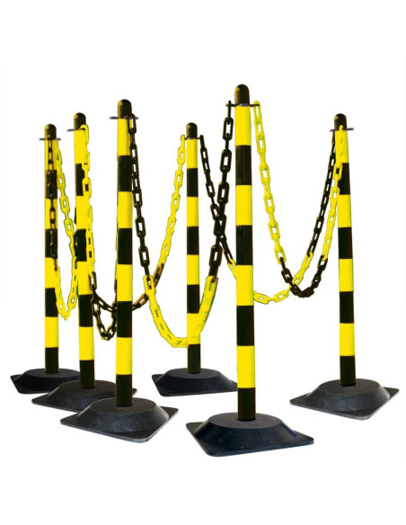 Afzetpalen met ketting en rubberen voet, geel zwart, 6 stuks