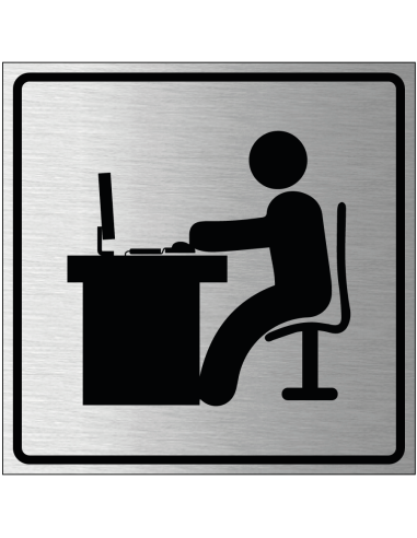 Werkplek bordje, geborsteld aluminium, grijs zwart, vierkant, met zittend persoon achter pc