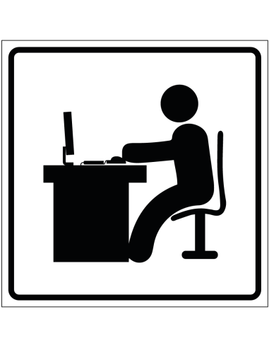 Werkplek sticker, wit zwart, vierkant, met zittend persoon achter pc