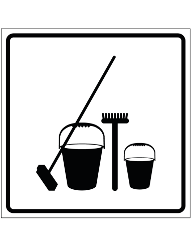 Schoonmaakkast sticker, wit zwart, vierkant, met schoonmaakspullen symbolen