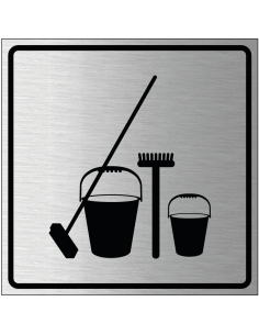 Schoonmaakkast bordje, geborsteld aluminium, grijs zwart, vierkant, met schoonmaakspullen symbolen