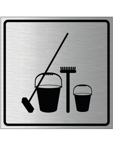 Schoonmaakkast bordje, geborsteld aluminium, grijs zwart, vierkant, met schoonmaakspullen symbolen