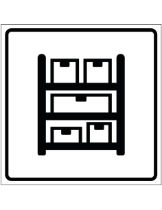 Voorraadkast sticker, wit zwart, vierkant, met stelling en voorraad symbolen