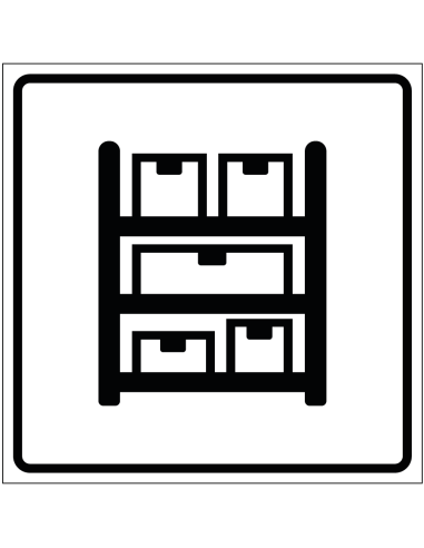 Voorraadkast sticker, wit zwart, vierkant, met stelling en voorraad symbolen