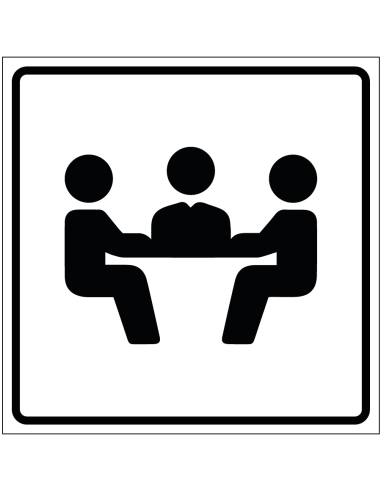 Vergaderzaal sticker, wit zwart, vierkant, met personen aan vergadertafel pictogram
