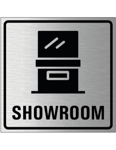 Showroom bordje, geborsteld aluminium, grijs zwart, vierkant, met showroom symbool en tekst