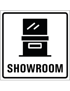 Showroom sticker, wit zwart vierkant, met showroom symbool en tekst