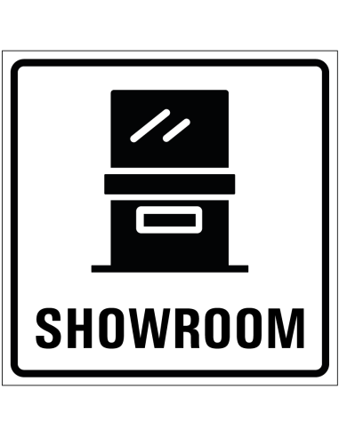 Showroom sticker, wit zwart vierkant, met showroom symbool en tekst