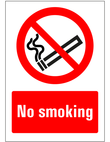 No smoking sticker, Engelse tekst, rood wit, rechthoekig, symbool smoking met tekst no smoking
