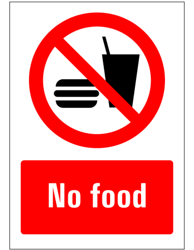 No food bord, rood wit, rechthoekig, Engelse tekst no food met symbool verboden eten en drinken