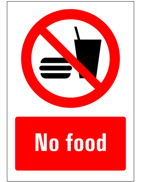 No food bord, rood wit, rechthoekig, Engelse tekst no food met symbool verboden eten en drinken
