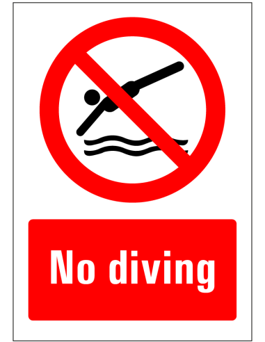 No diving sticker, rood wit, rechthoekig, Engelse tekst no diving met symbool verboden te duiken