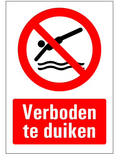 Bord met tekst verboden te duiken, rood wit, rechthoekig, symbool verboden te duiken met tekst