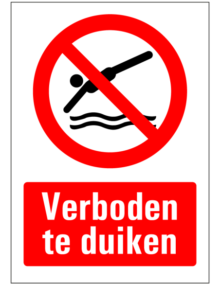 Bord met tekst verboden te duiken, rood wit, rechthoekig, symbool verboden te duiken met tekst
