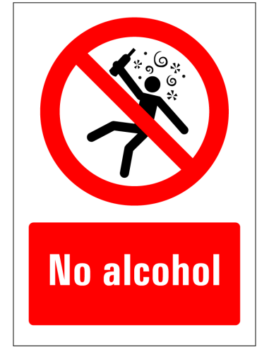 No alcohol bord, kunststof, rood wit, rechthoekig, symbool dronken persoon met Engelse tekst no alcohol