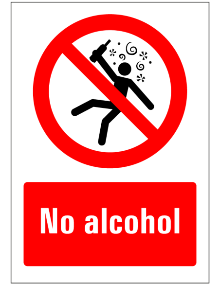 No alcohol bord, kunststof, rood wit, rechthoekig, symbool dronken persoon met Engelse tekst no alcohol