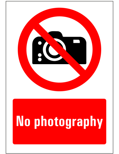 Do photography sticker, rood wit, rechthoekig, symbool geen foto's met Engelse tekst no photography