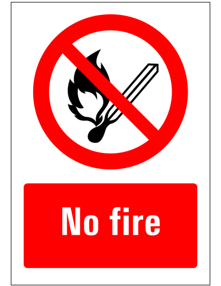 No fire bord, rood wit, rechthoekig, symbool open vuur verboden met Engelse tekst no fire