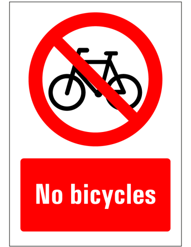 No bicycles sticker, rood wit, rechthoekig, symbool geen fietsen met Engelse tekst no bicycles