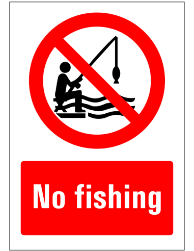 No fishing bord, rood wit, rechthoekig, symbool niet vissen met Engelse tekst no fishing