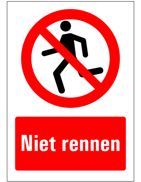 Niet rennen bord, rood wit, rechthoekig, symbool rennend persoon met Nederlandse tekst niet rennen