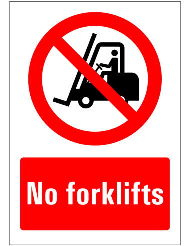No forklifts bord, rood wit, rechthoekig, symbool heftruck met Engelse tekst no forklifts