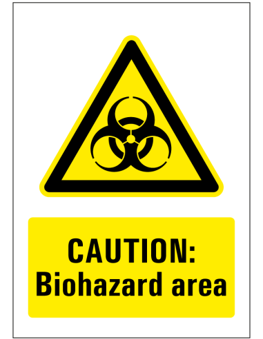 Biohazard area sticker, geel zwart, rechthoekig, biologisch gevaar symbool met tekst caution biohazard area