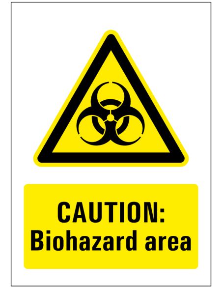 Biohazard area bord, geel zwart, rechthoekig, biologisch gevaar symbool met tekst caution biohazard area