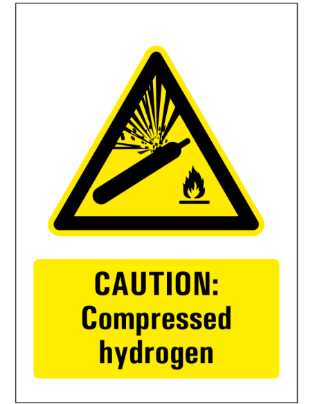 Compressed hydrogen bord, geel zwart, rechthoekig, symbool gassen onder druk en tekst compressed hydrogen