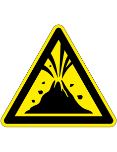 Waarschuwing voor actieve vulkaan sticker, W075, geel zwart, met uitbarstende vulkaan symbool, driehoek