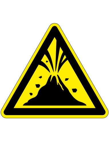 Waarschuwing voor actieve vulkaan sticker, W075, geel zwart, met uitbarstende vulkaan symbool, driehoek