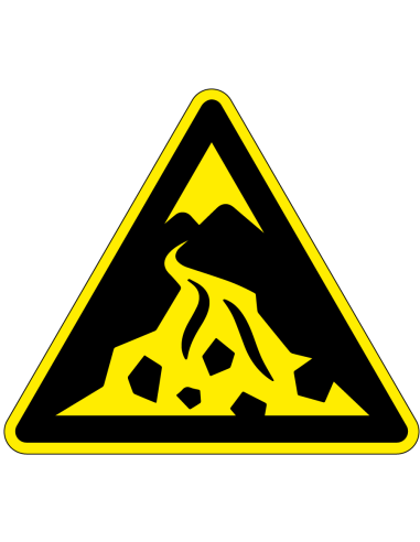 Waarschuwingssticker puinstroomgebied, W076, zelfklevende folie, geel zwart, met stromend puin symbool, driehoek