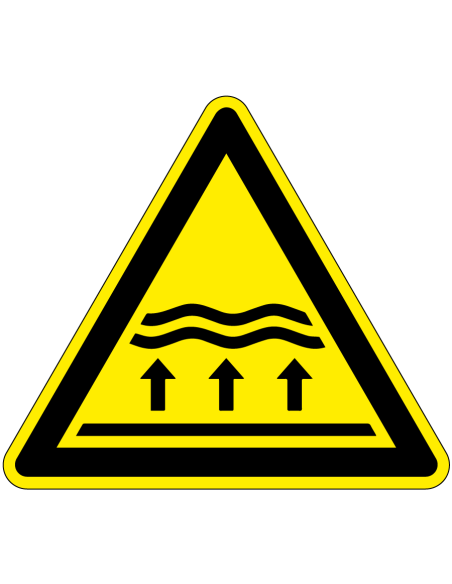 Waarschuwingssticker overstromingsgebied, W077, zelfklevende folie, geel zwart, met waterlevel en pijl omhoog symbool, driehoek