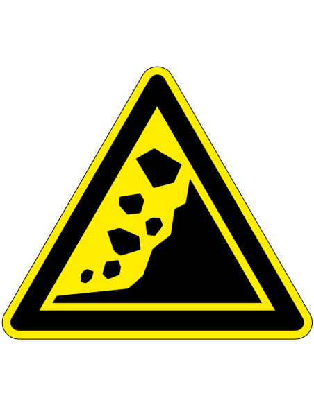 Waarschuwingssticker aardverschuivingsgebied, W078, zelfklevende folie, geel zwart, driehoek, met vallende rotsblokken symbool