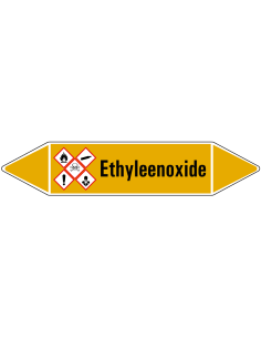 Ethyleenoxide leidingmarkering op vel, geel zwart, Nederlandse tekst Ethyleenoxide, GHS04, GHS06, GHS02, GHS07 en GHS09