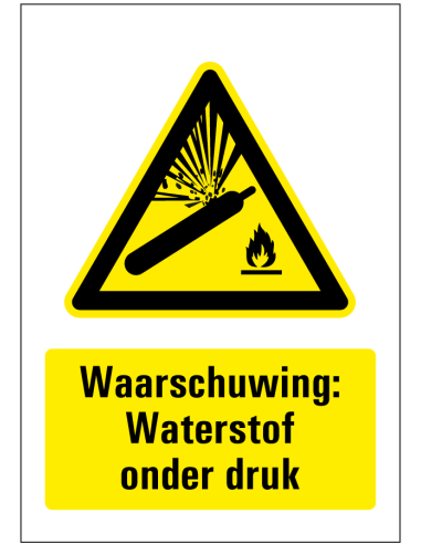 Waterstof onder druk sticker, rechthoekig, geel zwart, symbool explosie en tekst waterstof onder druk