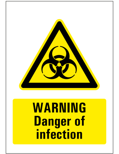 Danger of infection sticker, rechthoekig, geel zwart, symbool biologisch gevaar en tekst warning danger of infection