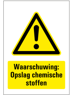 Opslag chemische stoffen sticker, rechthoekig, geel zwart, symbool uitroepteken met tekst opslag chemische stoffen